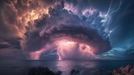 A stormy sky with a large cloud that is purple and orange. The sky is filled with lightning bolts