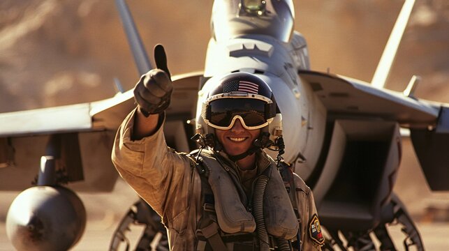 Standing amidst the deafening roar of jet engines, an Aircraft Launch and Recovery Specialist gives a thumbs-up signal, confirming an aircraft is ready for launch.