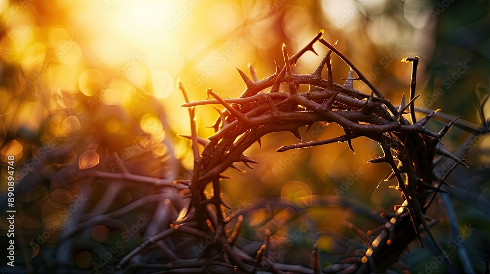 Aufkleber close-up of a crown of thorns on a cross with a bright, divine light illuminating the background.