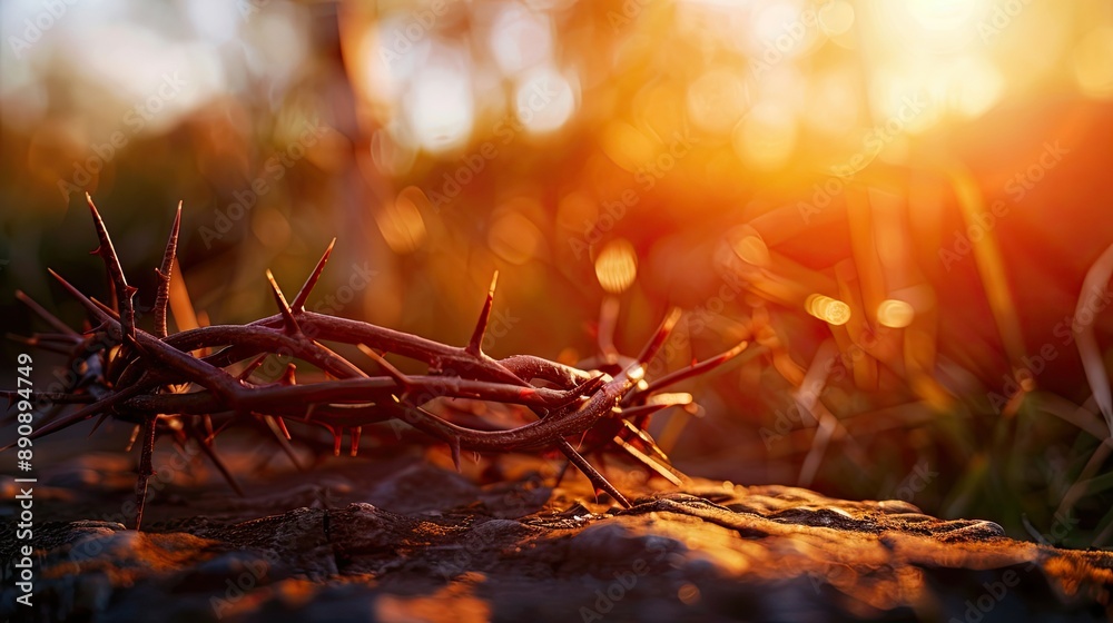 Poster close-up of a crown of thorns on a cross with a bright, divine light illuminating the background.