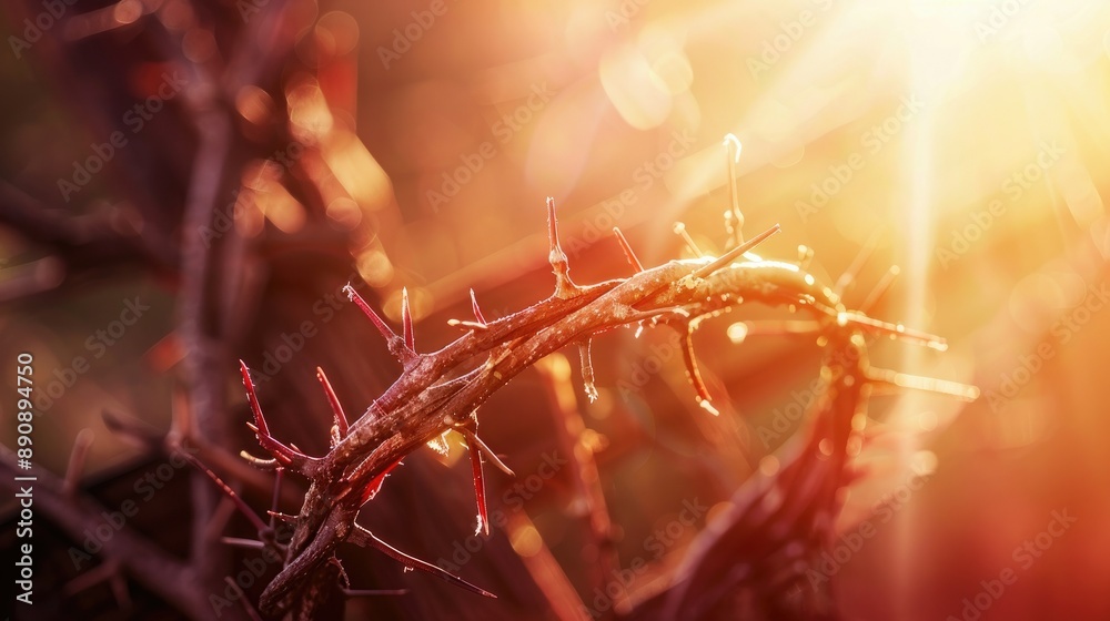 Poster close-up of a crown of thorns on a cross with a bright, divine light illuminating the background.
