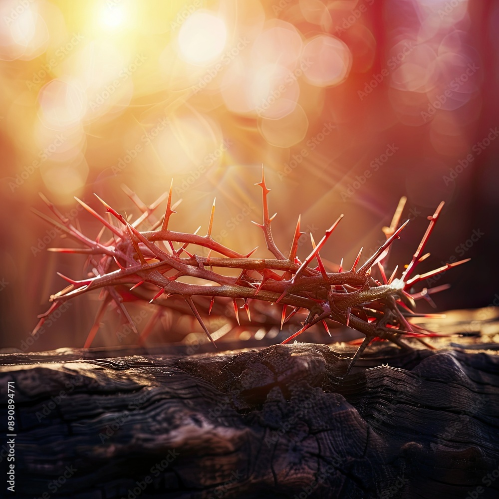 Poster close-up of a crown of thorns on a cross with a bright, divine light illuminating the background.