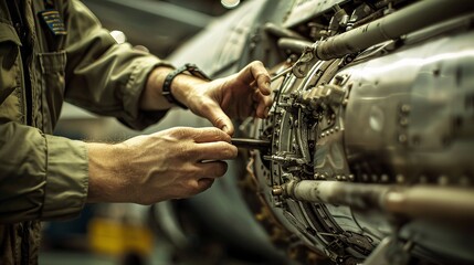 Close-up of an Aircraft Launch and Recovery Specialist's hands making precise adjustments to the launch equipment, highlighting the importance of their role.