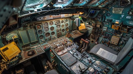 Obraz premium Surrounded by tools and technical manuals, an aircraft mechanic focuses intently on repairing a complex electrical system within an aircraft cockpit.