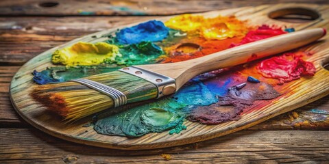 Fototapeta premium Vibrant artist's color palette on a wooden board accompanied by a well-worn brush, evoking a sense of soothing creativity and stress-relieving artistic expression.