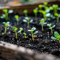 Close-up of small green seedlings emerging from rich, dark soil in a garden bed. 