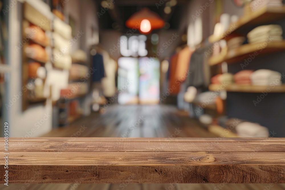 Aufkleber a wooden table in a retail setting with a blurred background