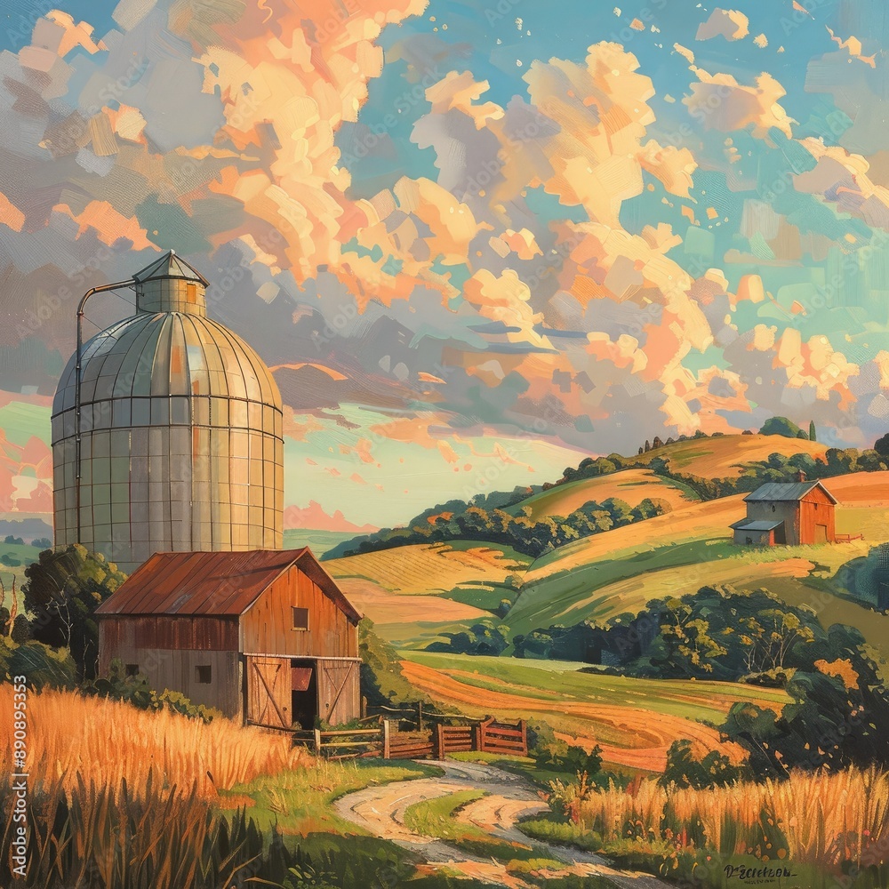 Poster grain silos near a farmstead with a barn and rolling hills in the background.