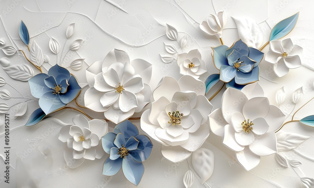 Wall mural 3d mural illustration flowers white background , wallpaper, generative ai