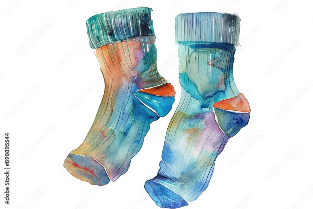 Poster a pair of colorful socks painted with watercolors, ideal for use in creative projects or as a decora