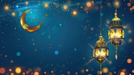 Fototapeta premium islamic background with lantern and crescent moon and blue background