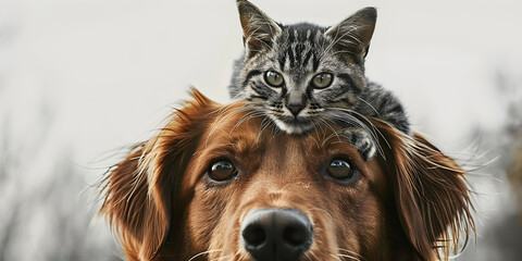 A heartwarming scene of friendship as a playful cat perches atop a loyal dog's head, symbolizing unity. Perfect for pet adoption campaigns and social media.
