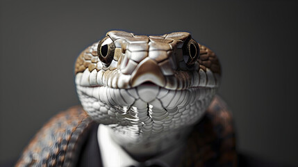 Fototapeta premium A striking close-up of a snake in a suit, exuding confidence and seriousness, perfect for business, humor, or unique marketing themes.