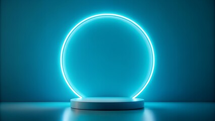 Empty podium illuminating futuristic blue neon circle on wall