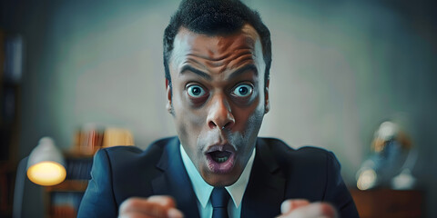 A shocked businessman expressing disbelief, ideal for corporate themes, presentations, or marketing materials. Includes ample copy space for text.