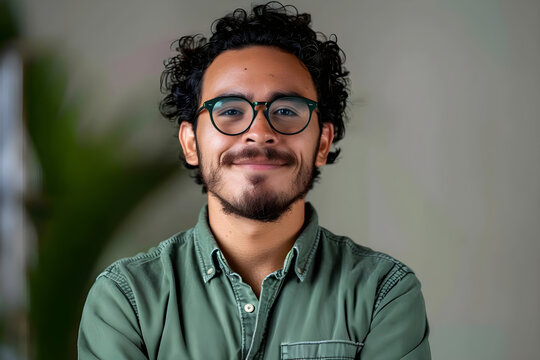 Confident young man with curly hair and glasses, radiating positivity in a contemporary setting, ideal for lifestyle branding and personal development themes.