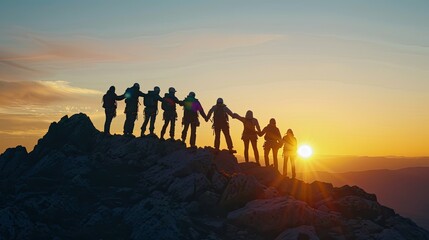 Fototapeta premium Silhouette of climbers holding hands in a circle at the summit of a mountain, symbolizing unity and teamwork. 