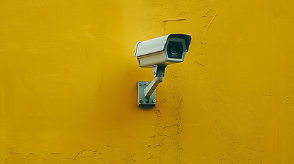 Vibrant security camera on a bold yellow wall, symbolizing vigilance and modern surveillance solutions. Ideal for tech, safety, or design projects.