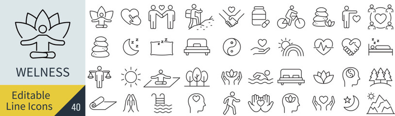 線の編集ができるウェルネスに関するアイコンセット（アウトライン化していない）