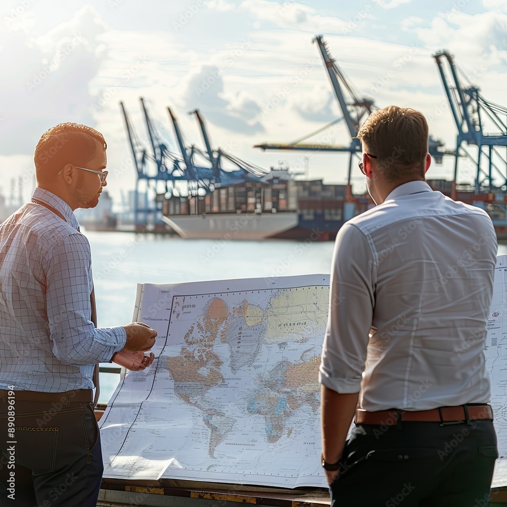 Poster the business team consulting a large map of the harbor to coordinate cargo movements and delivery ro