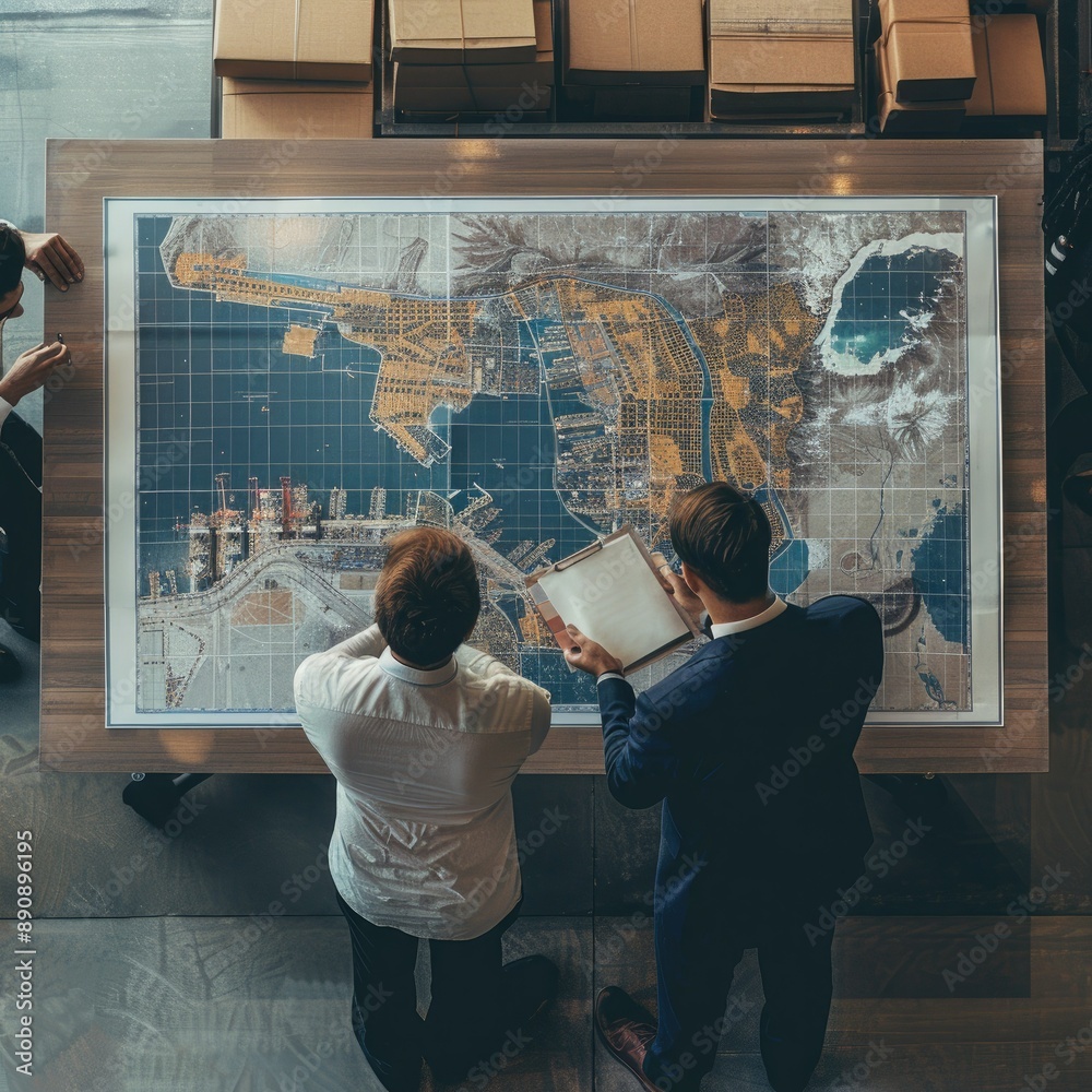 Poster The business team consulting a large map of the harbor to coordinate cargo movements and delivery routes.