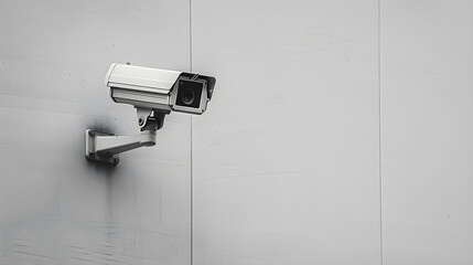 Sleek surveillance camera mounted on a minimalist white wall, ideal for security, technology, and modern lifestyle themes. Great for marketing campaigns.