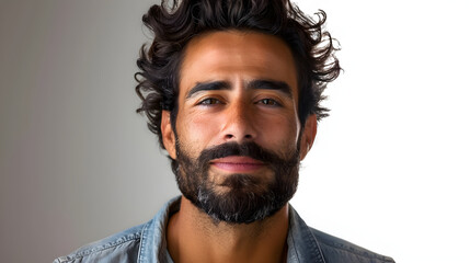 Obraz premium Confident man with curly hair and beard smiles warmly on a light background, perfect for lifestyle blogs, personal branding, or male grooming campaigns.