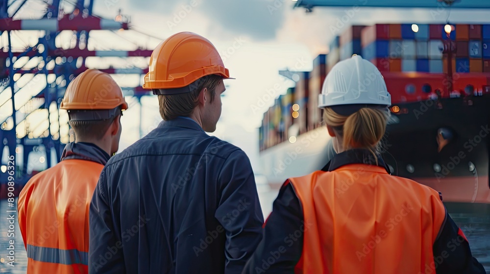 Aufkleber the business team observing cargo handling operations with the terminal and ships in the background.