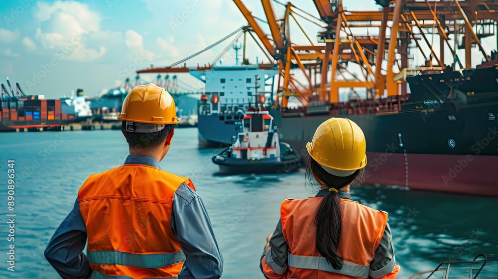 Aufkleber The business team observing cargo handling operations with the terminal and ships in the background. 
