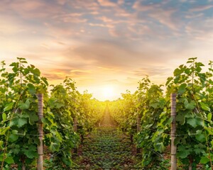 Naklejka premium Panoramic view of lush vineyard rows in summer glow beautifully captured at sunset