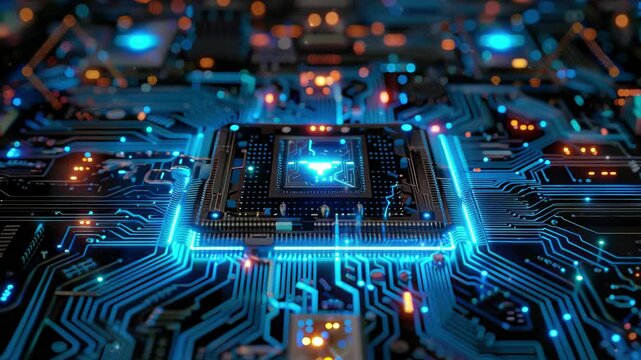 Tech Picture Reference. Abstract Blue Circuit with AI Symbols. Background for technology and business