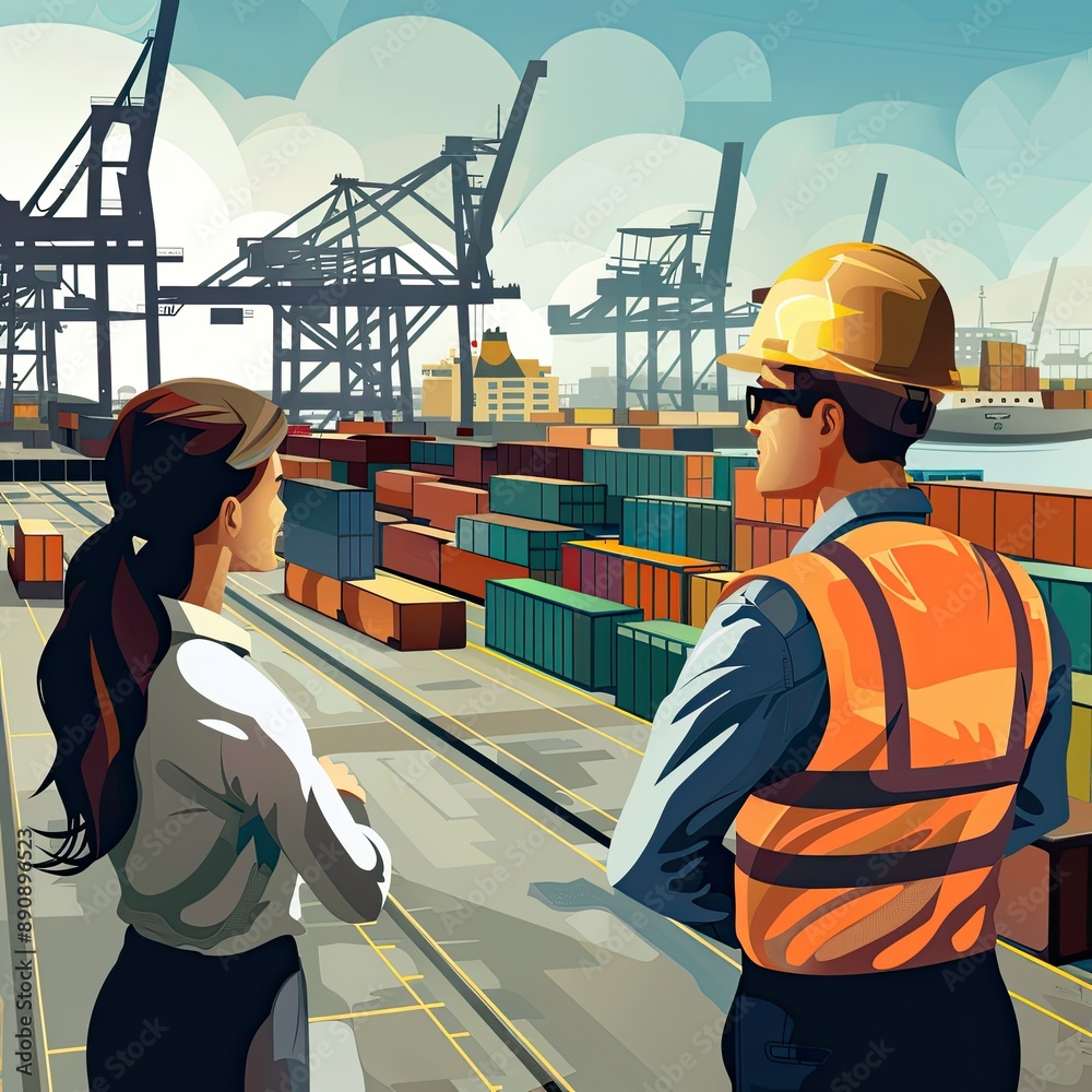 Poster the businessman and businesswoman communicating with dock workers while monitoring freight operation