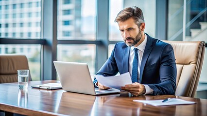 Obraz premium Businessman conducting a meeting with papers and laptop on table, businessman, meeting, discussion, papers, laptop