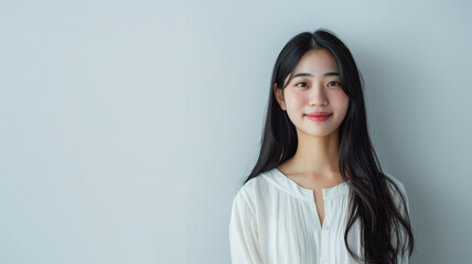 Fototapeta premium 白い背景のレースディテールの白いドレスの日本人女性