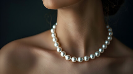 A beauty adorned with a white pearl necklace, representing a fine jewelry concept.