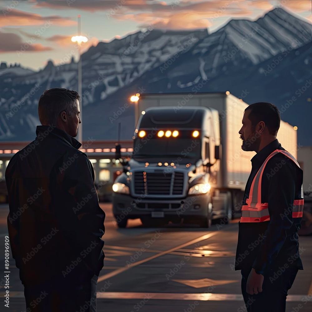 Poster the duo discussing customs clearance and regulatory compliance near a customs checkpoint.
