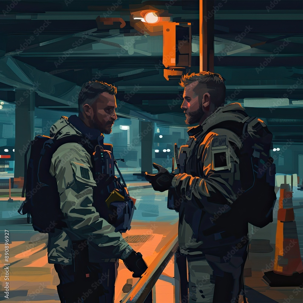 Poster the duo discussing customs clearance and regulatory compliance near a customs checkpoint.