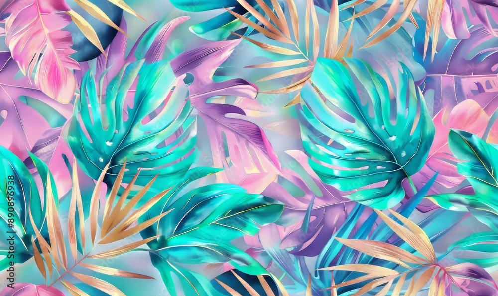 Wall mural shiny tropical leaves pastel colored in turquoise mint purple pink rose gold blue watercolor 3d illustration luxury wallpaper premium high quality seamless mural pattern art, Generative AI