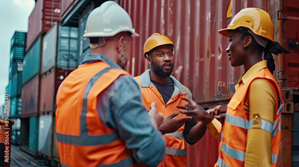 Poster the duo discussing transportation and delivery logistics with a group of dock workers.