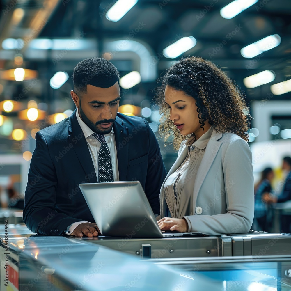 Poster The duo examining supply chain data on a laptop while standing in a busy terminal. 
