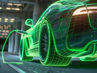 Electric car wireframe charging with green energy lines on dark background in 3d rendering