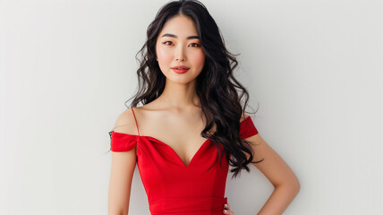 Fototapeta premium 白い背景の赤いドレスの日本人女性