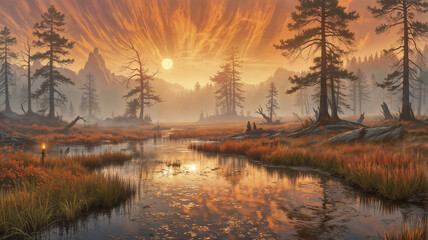 Fototapeta premium Sunrise Golden Hour River in audlem weather