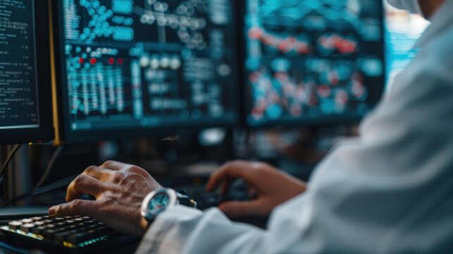 Focused scientist working with multi-screen computer setups in a lab office, intensely analyzing the research data and contributing to innovative discoveries and solutions.