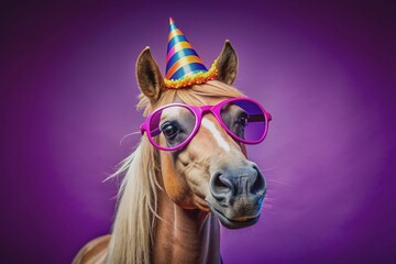 Vibrant purple background features a stylish horse adorned with a colorful birthday party hat and trendy sunglasses, exuding playful and festive spirit.