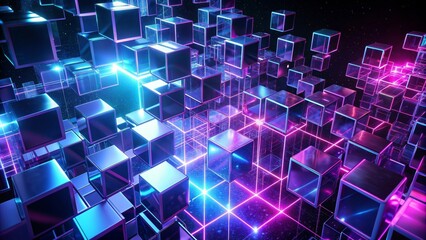 Abstract technology background with cubes in space, purple blue neon glowing cubes on black, abstract, technology, background,cubes