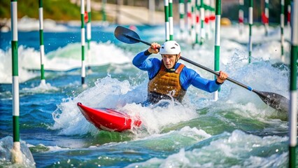 Kayak slalom athlete maneuvering through gates in a racing competition, kayak, slalom, athlete, racing, competition