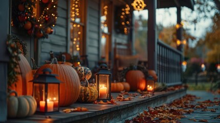 Fototapeta premium A cozy porch decorated for fall with pumpkins, lanterns, and autumn leaves. The porch is lit with string lights, creating a warm and inviting atmosphere.