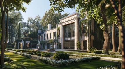 Obraz premium Elegant mansion set in lush greenery. Beautiful two-story house with large windows and classic design. Ideal for architectural enthusiasts and luxury home inspiration. Exterior view, residential. AI