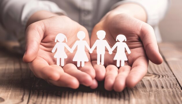 Family security and support symbolized by hands holding paper cutout family in photography shot